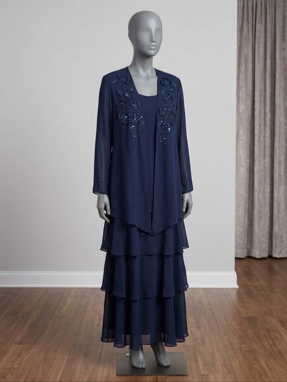 Navy Tiered Chiffon Evening Dress with Embellished Jacket